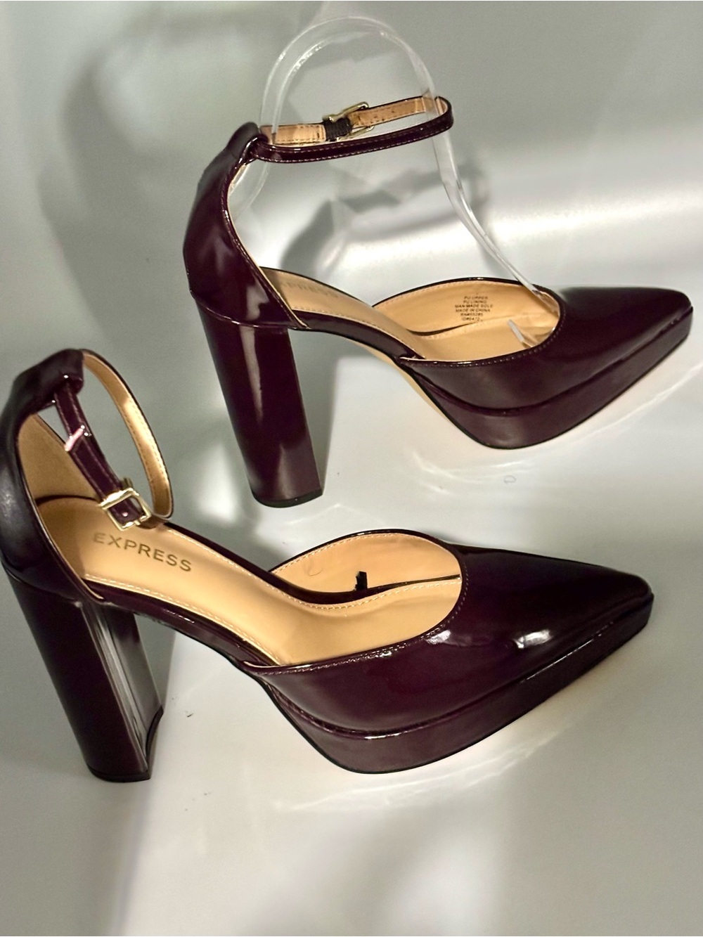 Express Eggplant (Purple) Patent Platform Block Heel Ankle Strap Pumps Size 7